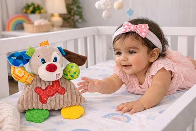 Balibazoo Crinkle Puppy Pedro Soft Plush Sensory Toy for Babies 0-18M | Crinkle Sounds, BPA-Free Silicone Teether Legs & Textured Tags | Developmental Activity Toy for Newborns & Infants | Gift