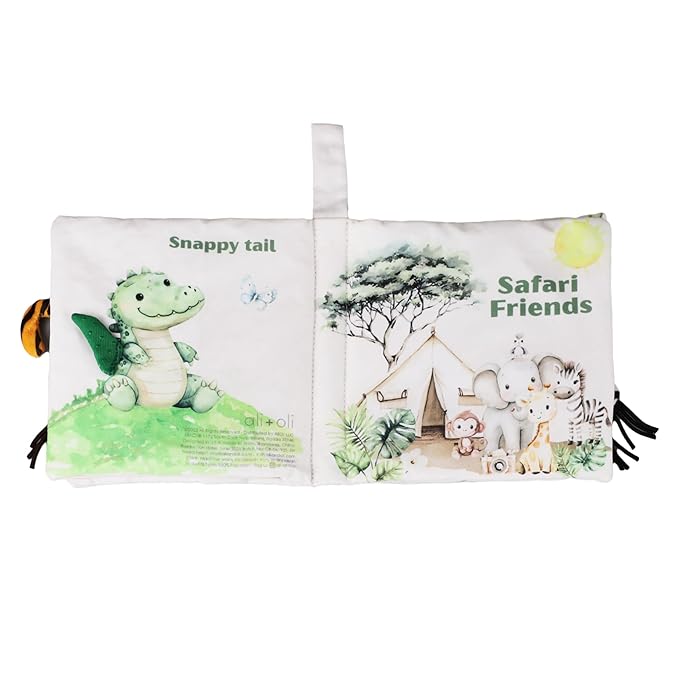 Ali+Oli Baby Cloth Book – Soft Sensory Crinkle Book with Textured Tails for Infants 0-12 Months – Early Learning Touch & Feel Tummy Time Toy – Newborn Shower Gift - Safari Friends