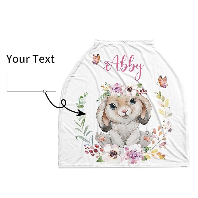 Personalized Baby Car Seat Cover Stroller Canopy: Custom Name Newborn Baby Boy Girl Elastic Rabbit Nursing Cover for Moms First Birthday Gift Animals(one Size)