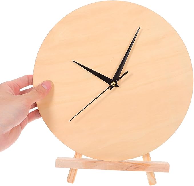 BESPORTBLE 1 Set DIY Clock Face: Unfinished Wooden Dial 12" - Round Clock Face Blank with Pointer & Easel for Crafts Desk Decor Painting and DIY Projects