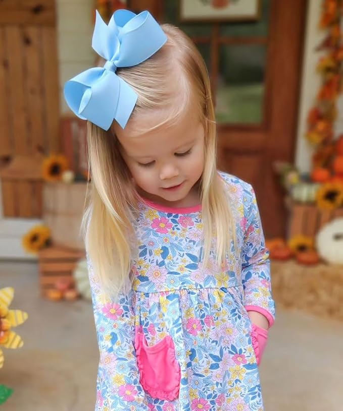 Wee Ones Girls' Classic Grosgrain Hair Bows with Plain Wrap Center, No-Slip Hair Clip, Handmade, Millennium Blue, Large