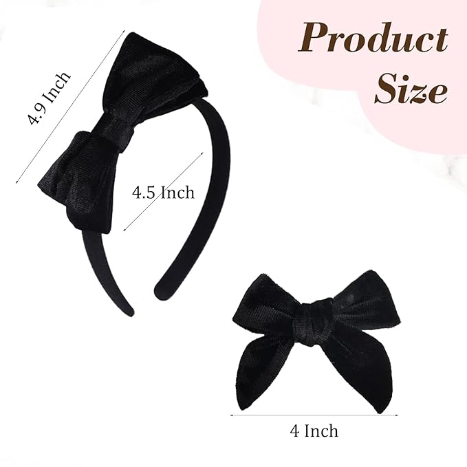 Velvet Bow Headband & 2 Pcs 4 Inch Hair Bows Set, Black School Hair Accessories for Little Toddler School Girls (Velvet Black)