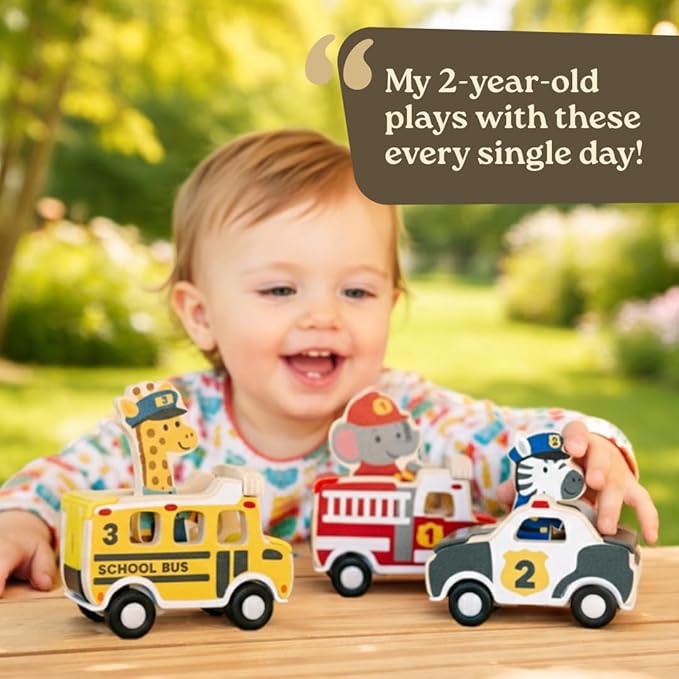 Little Acorn, Wooden Pull Back Cars with Mix & Match Characters | Montessori Toys for 1 & 2 Year Old | Car Toys for Toddlers 1-3 | Baby Toys 6-12 Months | Birthday Gifts for Boys Girls