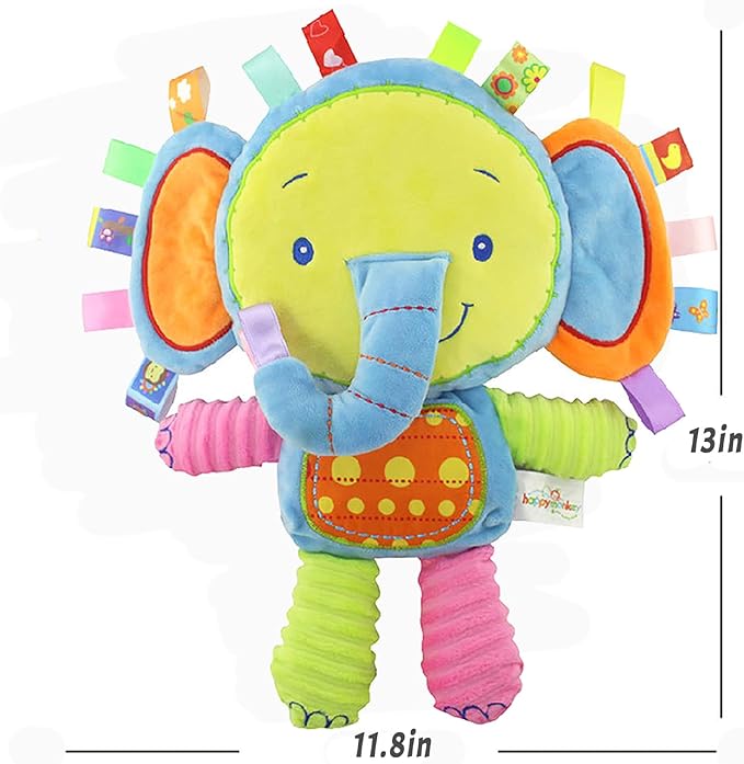 Baby Tags Toy, Taggie Security Blanket Elephant Stuffed Toy, Baby Plush Sensory Tag with Ribbons & Rattle, Toddler, Newborns, Infant