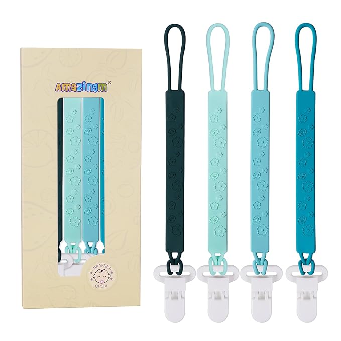 One Piece Design Silicone Pacifier Clip Holder for Baby Boys and Girls,Pack of 4 Flexible Paci Leash,Binky Clips,Newborn Essentials (Flowers & Leaves, Green)