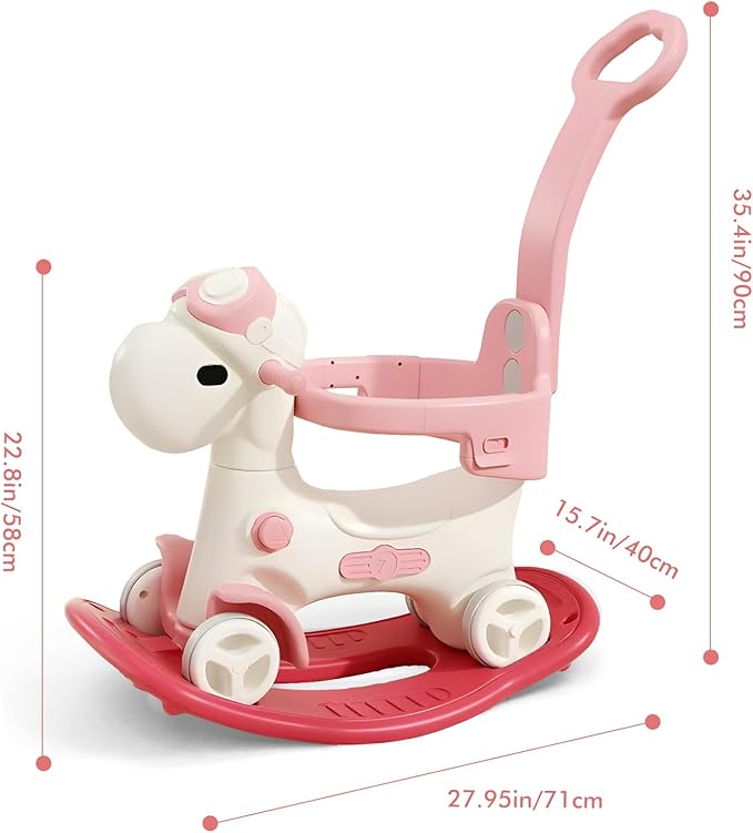 4 in 1 Rocking Horse for Toddlers 1-3 Years Old, Baby Rocking Toy Fun Birthday Gift for 1+ Kids, Ride on Toy with Guard Rails, Detachable Balance Board and Footrest with Push Handle (Pink)