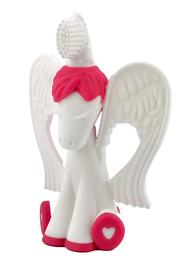 Baby Banana® Unicorn Toothbrush and Teether. Butter Soft Food Grade Bendable silcone with Feather bistles to gnaw on for All Baby Ages. Family-Owned Business.