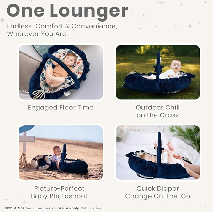Newborn Lounger Blue - Flexible & Portable w/Infant Support Cushion, Soft & Breathable 100% Cotton - Multi-Use Supervised Baby Lounger for Floor, Travel, Changing Mat Alternative - Premium