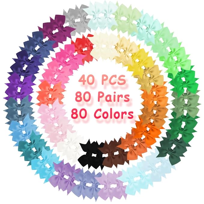 Baby Hair Clips, 80PCS 2" Fully Lined Hair Bows for Girls, Toddler Hair Accessories, Alligator Hair Clips for Girls Toddlers Baby Kids Teens (40 Colors in Pairs)