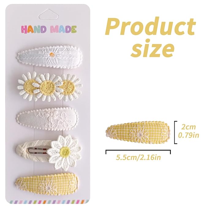 5 Pcs Baby Hair Clips Set, Cream White & Yellow Daisy Toddler Hair Barrettes, Soft Fabric Wrapped Snap Clips for Baby Girls, Cute Handmade Hair Accessories for Infants