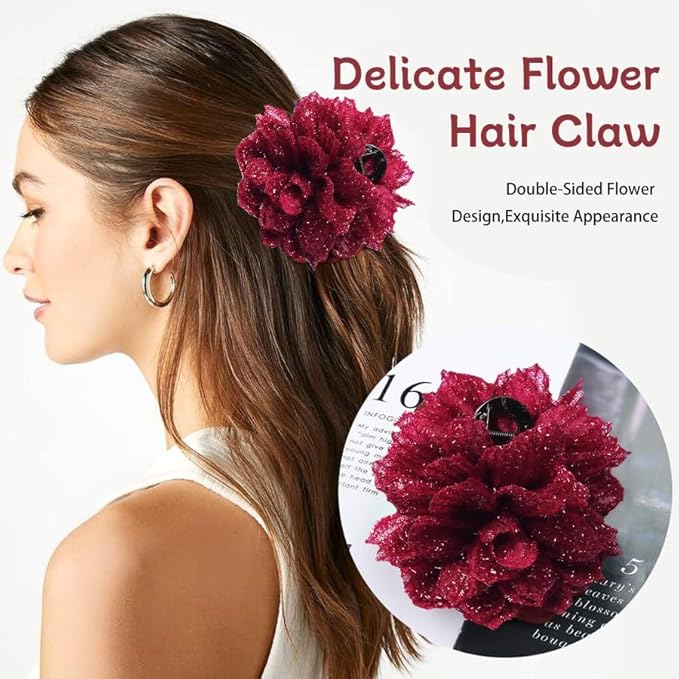 Large Rose Flower Hair Claws - Big Mesh Floral Plastic Hair Clips for Women, Barrettes & Updo Holders for Chignon and Bun Hairstyles (Black & red)