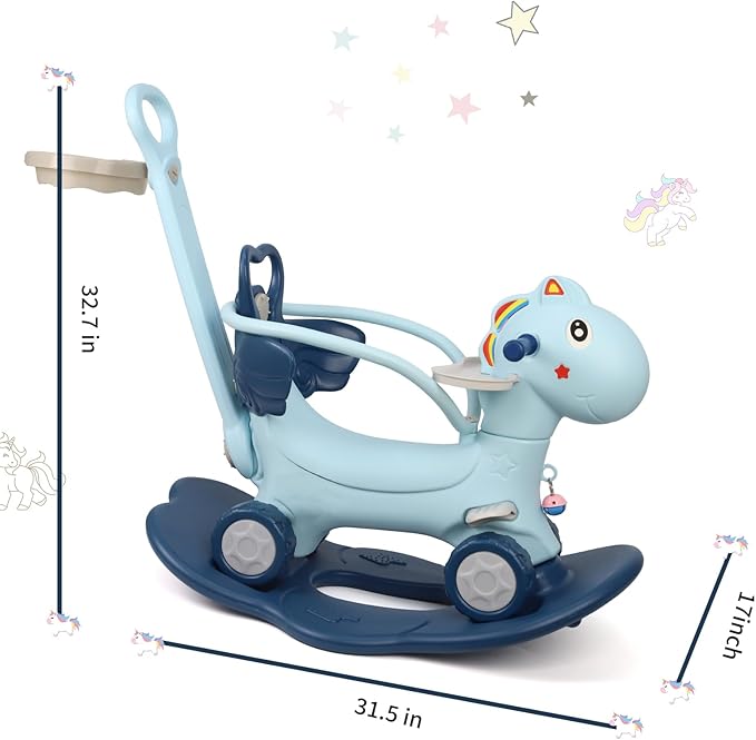 Ancaixin 4 in 1 Rocking Horse Ages 1-3, Baby Rocking Toy Birthday Gift for Toddlers 1-3 Years Old, Balance Bike Ride On Toys with Push Handle, Backrest and Balance Board for Baby Girl and Boy, Blue