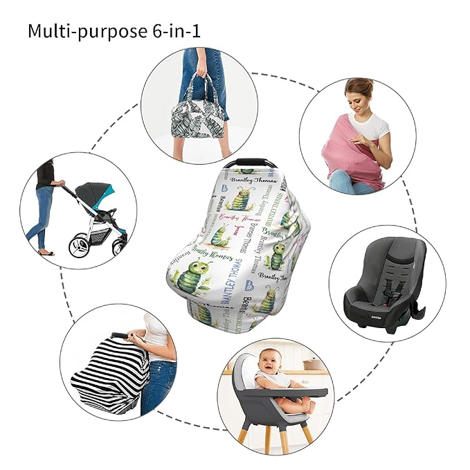 Personalized Baby Car Seat Cover with Name Stroller Canopy Custom Caterpillars Carseat Cover Newborn Baby Boy Girl Nursing Cover for Moms First Birthday Gift