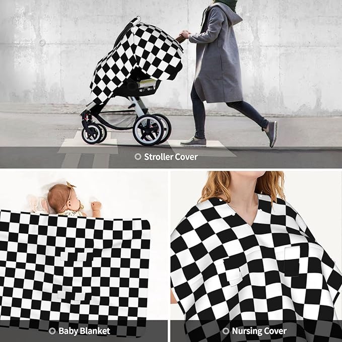 Black White Checkered Baby Car Seat Canopy Cover Multi Use Nursing Cover for Newborn Car Seat Canopy Mom Nursing Breastfeeding Covers Newborn Shower Gift