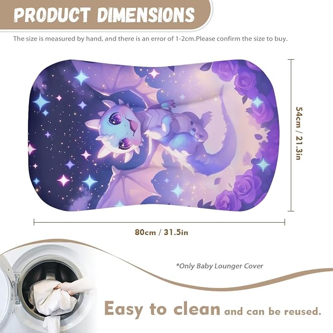 Dragon Baby Lounger Cover for Boys Girls Purple Rose Snuggle Me Lounger Covers Newborn Infant Sleeping Pillow Crib Slipcover 31.5'' x 21.3'' Universal Fit
