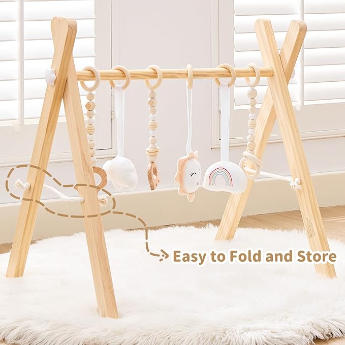 Foldable Wooden Baby Play Gym, Activity Center with 6 Sensory Hanging Toys Natural Wood Montessori Toys for Babies Indoor Gym, No-Tool Assembly Newborn for Infant Motor Development