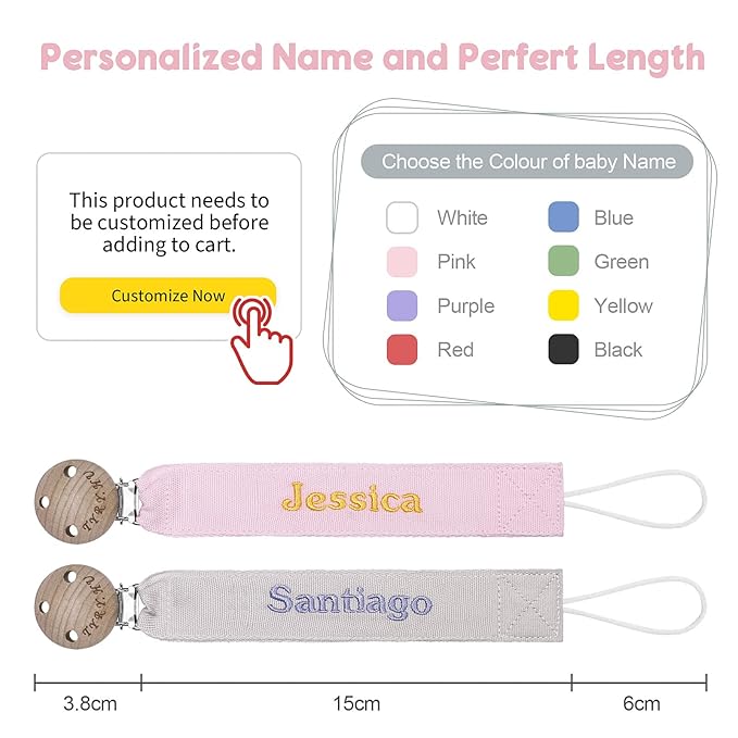 TYRY.HU Personalized Pacifier Clip with Name, Embroidery Webbing Pacifier Holder for Baby Girls and Boys, Neutral Pacifier Leash Universally Fit All Pacifiers, 2 Pack Baby Gift(Grey, Pink)