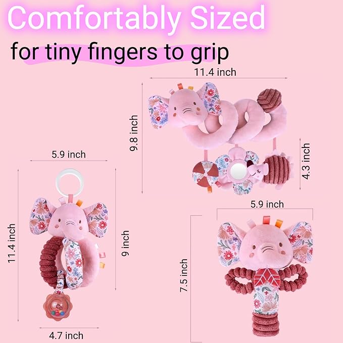 Baby Toys 0-6-12 Months Spiral Car Seat Toy, Infant Stroller Hanging Rattle Stuffed Animal Newborn Girl Boy Gift Easter Basket Stuffers Mirror Pink Elephant 3PCS