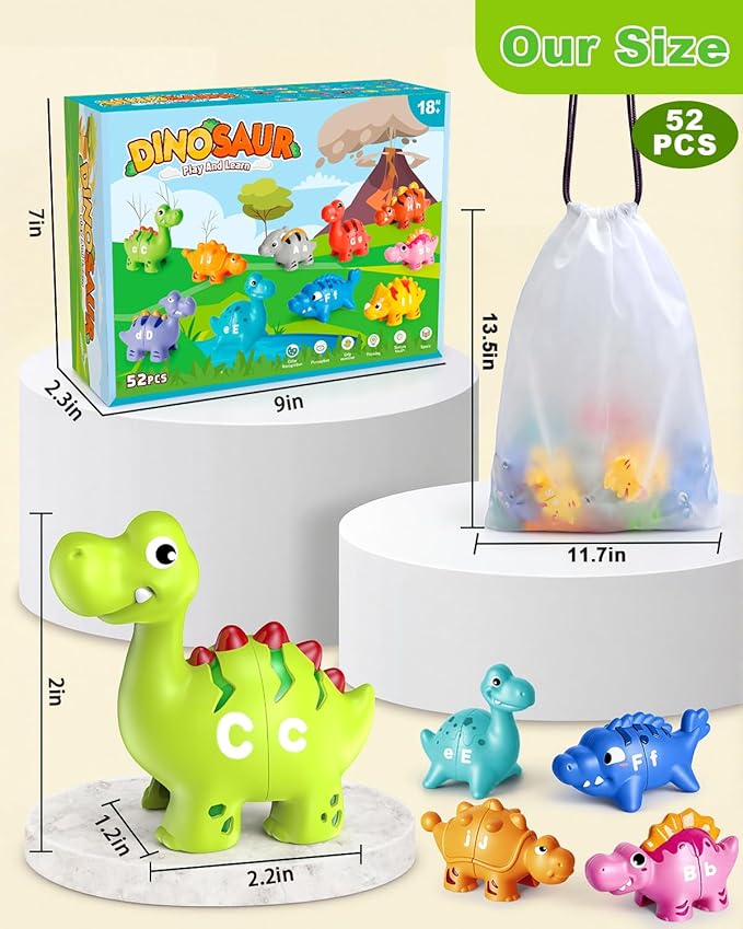 52 PCS Dinosaur Alphabet Learning Toys for Toddlers Kids 3-5, 10 Different Dinosaur Figures, Double Sided ABC Matching Game, Preschool Activities Montessori Fine Motor Toys for Toddlers Kids