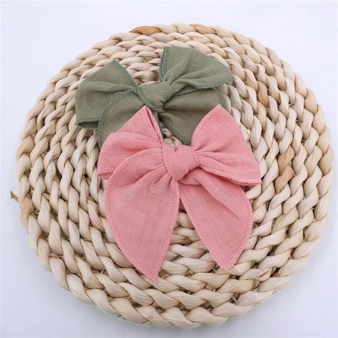 12 PCS Linen Bow Hair Clips for Baby Girls Hair Bows Alligator Clips Accessories Infants Toddler Kids Hairgrips (Linen Fable Bow 4'')