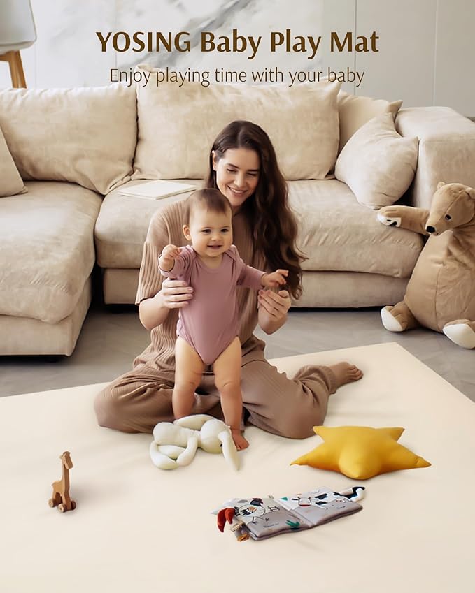 YOSING Padded Baby Play Mat, Vegan Leather 50x50 Playpen Mat, Waterproof Tummy Time Mat for Boy& Girl, Extra Thick& Super Soft Baby Playmat That Fits Nicely Into Any Playroom, Beige