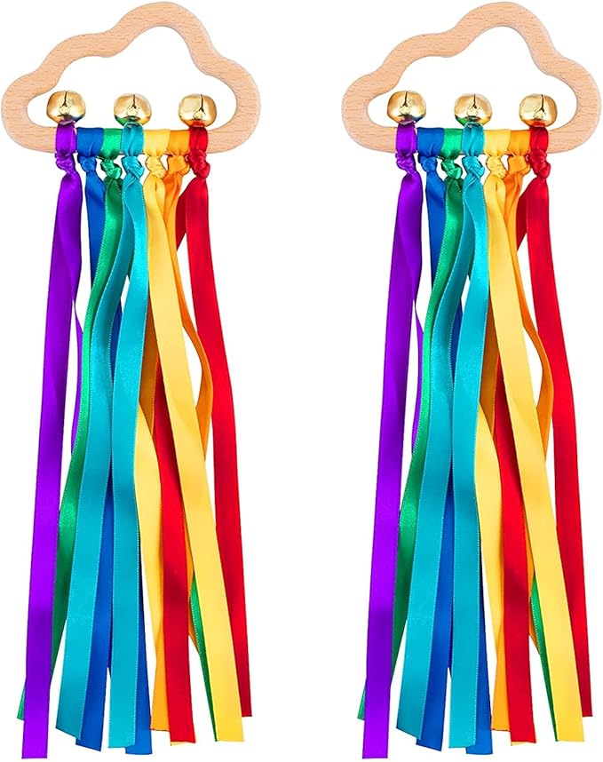 Baby Sensory Wooden Rattle Toys - 2PCS Rainbow Ribbon Ring Toys Wood Rattle Molar Circle Newborn Sensory Montessori Toy for Infant Babies Toddler