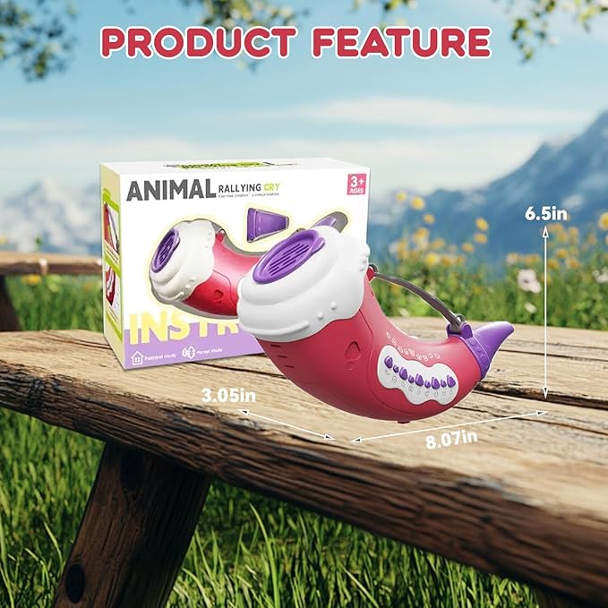 Toys for 3 Years Old Boy Girl Birthday Gift, Music Animal Caller Toy with 30 Realistic Animal Sounds, Early Learning Toy for Kids Todlers with 8" Horn and 3-Level Lights (Crimson - Horn)