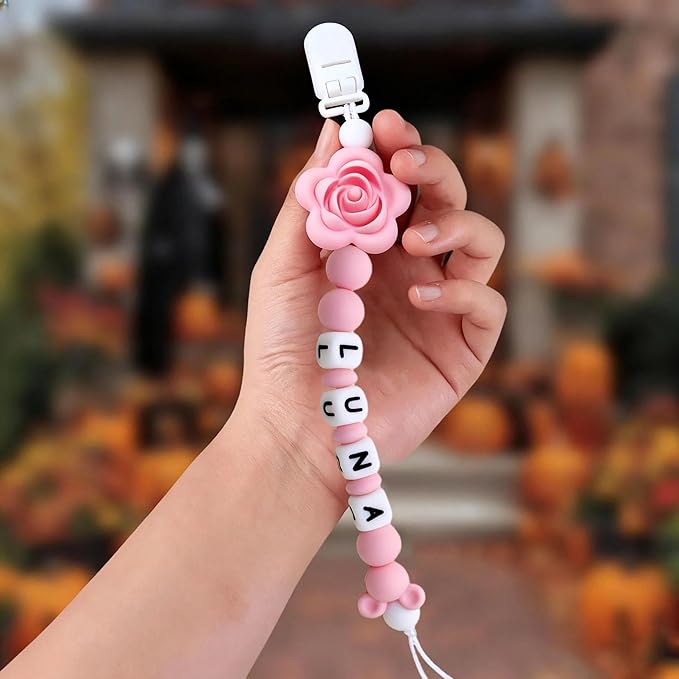 Personalized Pacifier Clip with Name Custom Pacifier Holder with Name Newborn Baby Gift Sets (Flower)