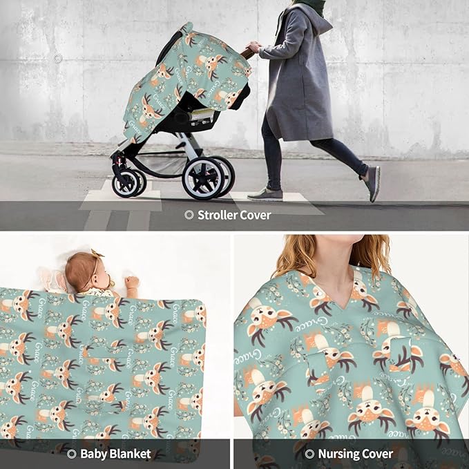 Personalized Baby Car Seat Canopy for Babies with Name, Custom Car Seat Covers for Boys Girls, Infant Opening Minky Nursing Breastfeeding Stroller Cover Carseat Canopies for Newborn (Woodland Deer)