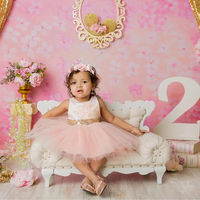 cherrboll Flower Headband Birthday Crown for Girl, Floral Nylon Hairband for 1-3 Years Old Toddler, 2nd Birthday Party Dress Photo Decoration Hair Accessory
