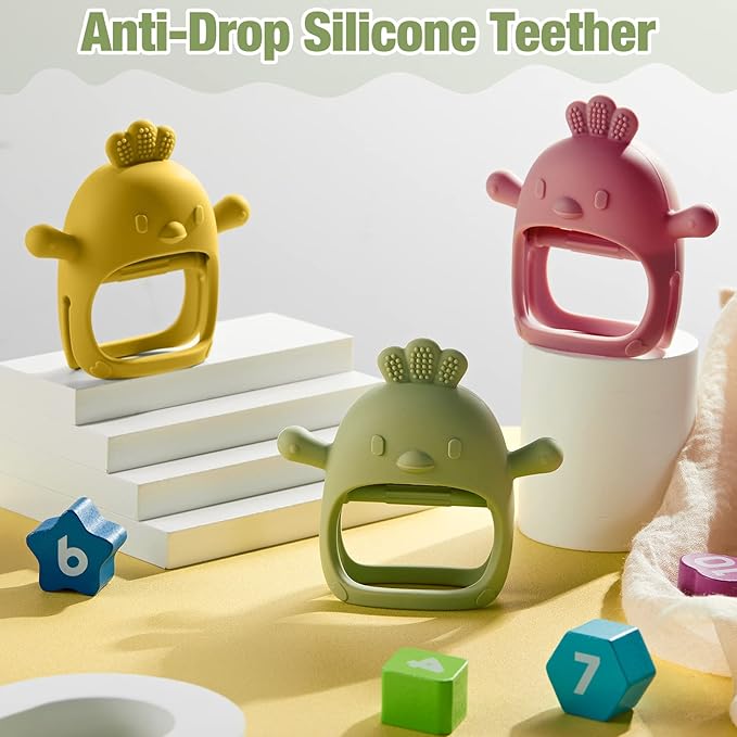 3 Pack Baby Teether Teething Toys for Babies 0-6 Months Baby Teething Toy Silicone Anti Dropping Infant Hand Teether Pacifiers Wrist Hand Chew Toys for Sucking Needs(Olive Green, Red, Yellow, Chick)