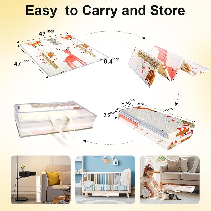 Foldable Baby Play Mat, 47" x 47" Baby Playmat for Playpen, 0.4 inch Thick Waterproof Reversible Foam Play Mat for Infant Crawling Baby for 50x50 Playpen