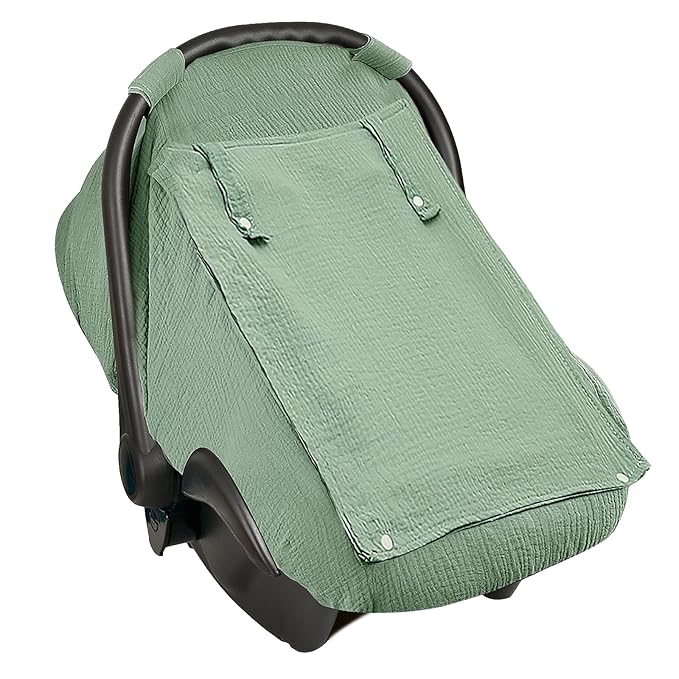 Baby Car Seat Cover, Infant Car Seat Cover for Boys Girls, Extra Large Mesh Window, Breathable Muslin Cotton, Lightweight Infant Windproof Carrier Canopy for Sun, Bug and Comfort Protection