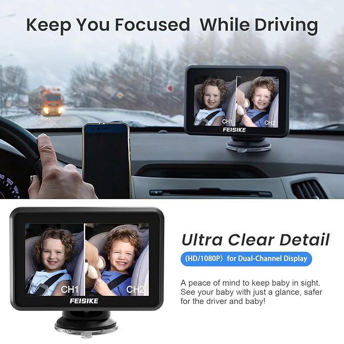 FEISIKE Baby Car Camera, 1080P Dual-Channel 5 inch Display Baby Car Mirror with 2 IR Night Vision Camera, Easily Install Car Camera for Baby with Crystal Clear Wide View for Rear Facing Seat