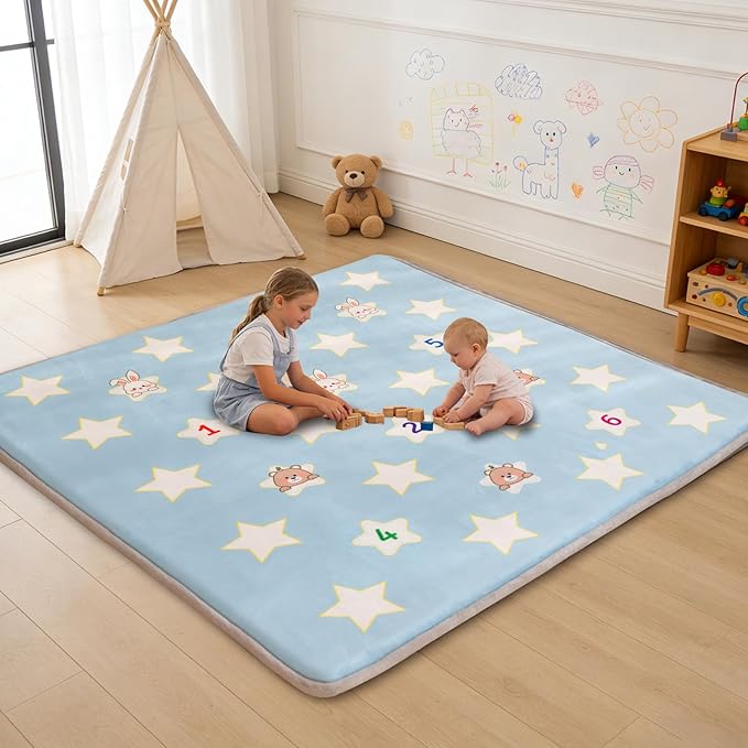 RONGFA Baby Play Mat for Floor, 71'' x 59'' Thicken Foam Padded Playmat for Tummy Time, Playpen Mat for Toddlers Infant Kids, Water-Repellent Coral Velvet, Non-Slip Bottom Safe for Crawling (Star)