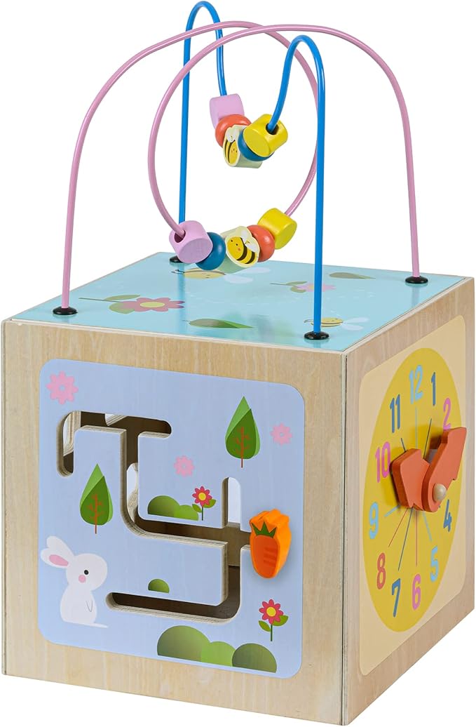 Teamson Kids Preschool Play Lab 4-in-1 Large Wooden Activity Cube Bead Maze Animal Sorter for Kids Baby Toys, Natural