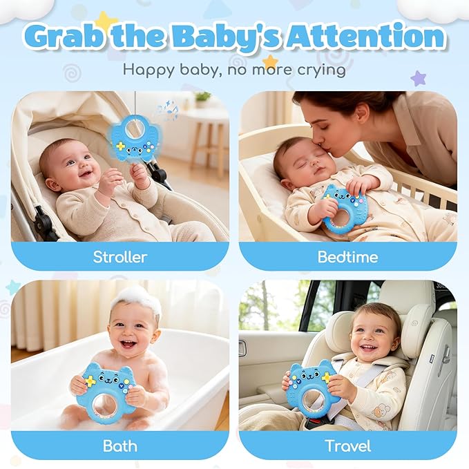 Silicone Baby Teething Toys for 0-6-12 Months, Kitten Remote Rattle Teether for Infant Gum Relief, No BPA Chew Toy for Infant 0-3-6-9-12, Easy-Grip Ring Gift for Travel & Bath