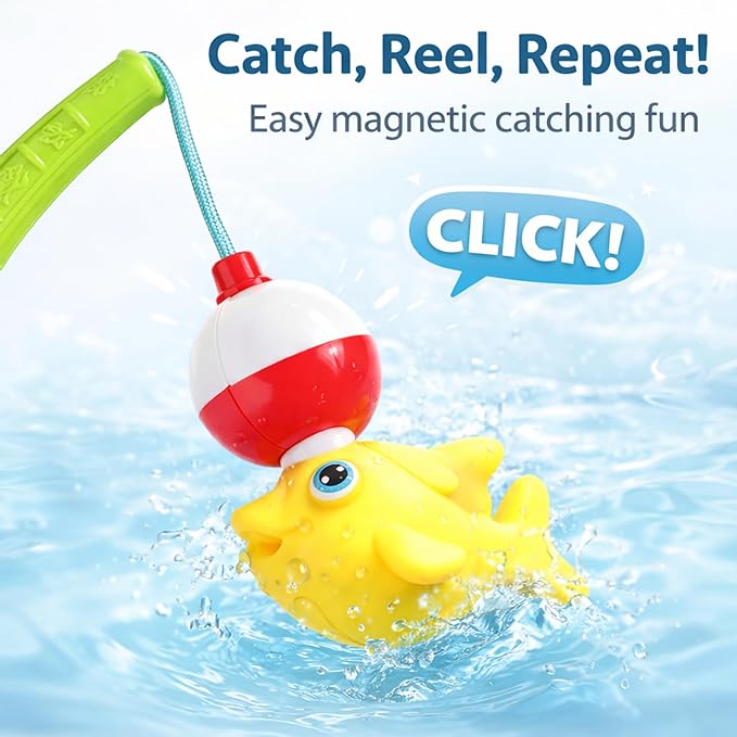 Magnetic Toddler Bath Toys - Kids Fishing Pool Game Set of 2 Fishing Poles, 8 Rubber Sea Animals, & Net - Water Toys with Mesh Organizer Bag
