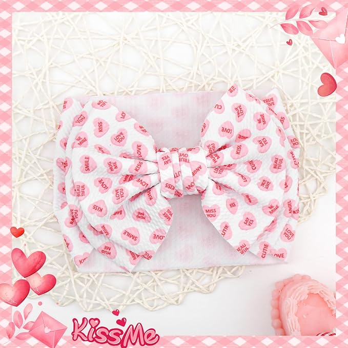 YanJie 7'' Valentines Hair Bow for Baby Girls Love Heart Double Layered Headbands Valentine Hair Accessories for Infants Pink Headband Cute Bowknot Barrettes Hearts Outfit
