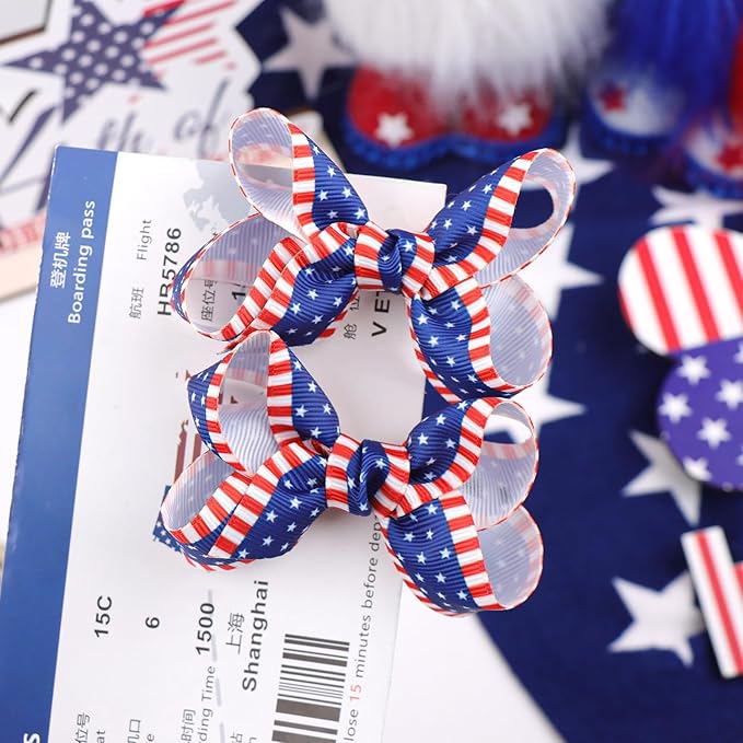 YanJie 4th of July 2pcs Hair Clips Red Blue 3'' Hair Bows American Flag Hairgrips Girls Patriotic Barrette Independence Day Hair Accessories