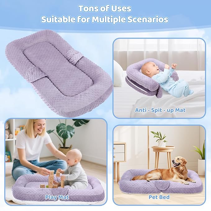 Baby Lounger for Newborn,0-12 months,Foldable Soft Infant Lounger pillow for Home and Travel, Baby Nest Lounger with cover,Multi-Use Portable baby lounger for Supervised Play&Tummy Time, Purple