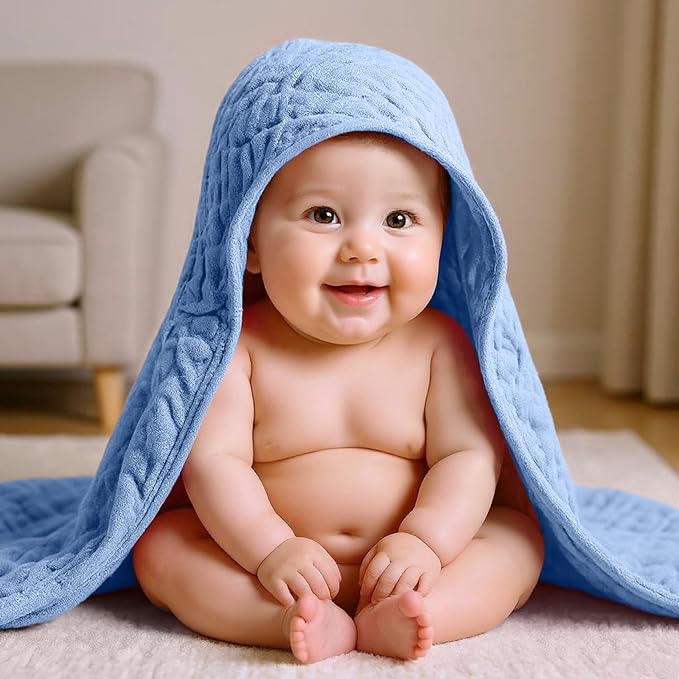 VitalCozy 12 Pcs Baby Muslin Hooded Bath Towels and Washcloths, Muslin Hooded Baby Towels Absorbent Blankets for Gift Newborn Infant Shower (Blue Style)