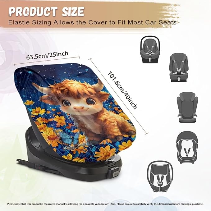 XYZCANDO Highland Cow Print Baby Car Seat Cover Cartoon Car Seat Covers for Babies Easy to Install Baby Car Seating Sun Shade Cover for Travel Novelty Car Seat Protector for Child Car Seat