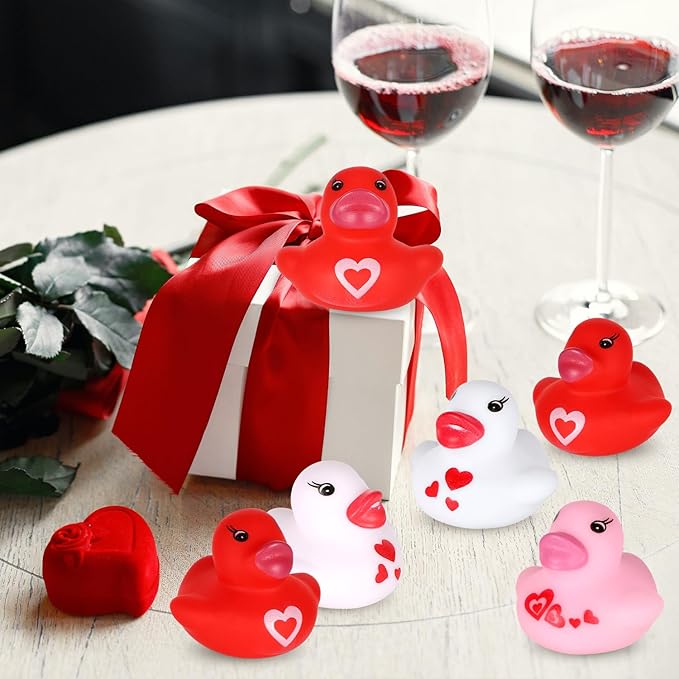 24pcs Valentine's Day Rubber Ducks, 1.57 inch Mini Small Assorted Rubber Bath Ducks Colorful Bathtub Toy Squeaky Duckies Love Heart Duck Valentines Day Gifts for Kids Cupcake Topper(3 Colors)