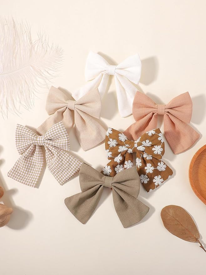12PCS Baby Girls Hair Clips Fable Hair Bows Cotton Linen Bows for Girls Hair Accessories for Baby Toddlers Kids Neutral Color