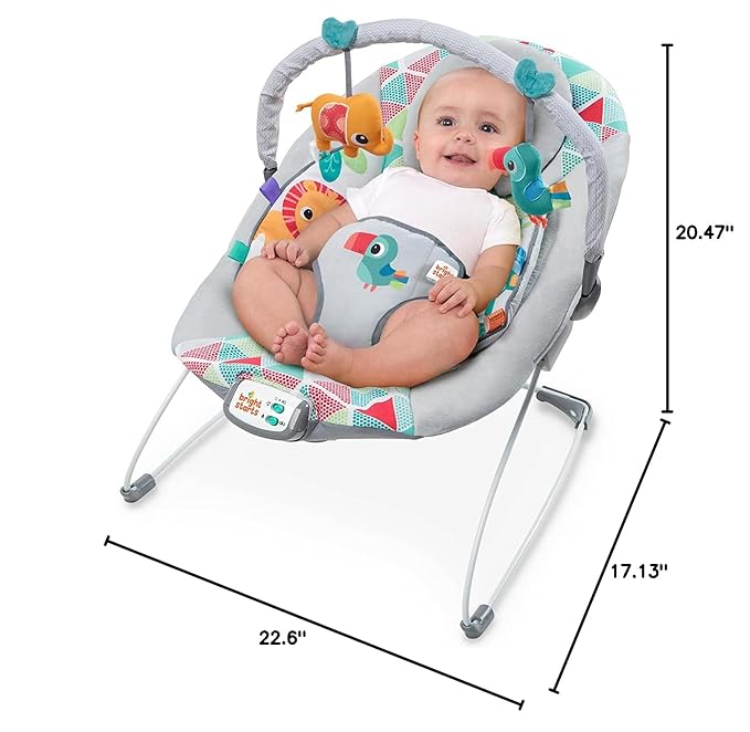 Bright Starts Baby Bouncer Soothing Vibrations Infant Seat - Taggies, Music, Removable -Toy Bar, 0-6 Months Up to 20 lbs (Toucan Tango)