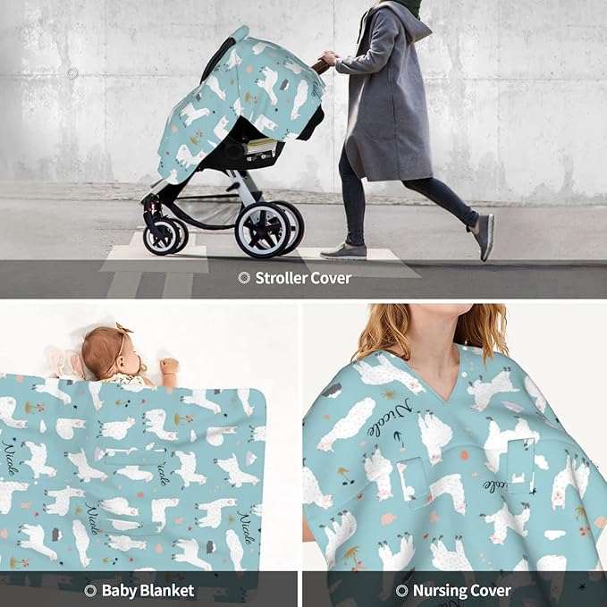 Personalized Smile Llama Baby Infant Car Seats Canopy for Babies with Name, Custom Lightweight Covers for Baby Boys Girls, Minky Nursing Breastfeeding Stroller Cover Canopies for Newborn