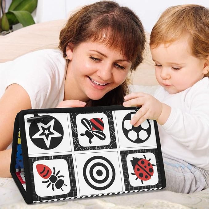 teytoy Tummy Time Baby Mirror Toys with Teethers, Double Black and White High Contrast Baby Toys 0-6 Months, Foldable Floor Sensory Development Toys for Infants Newborn