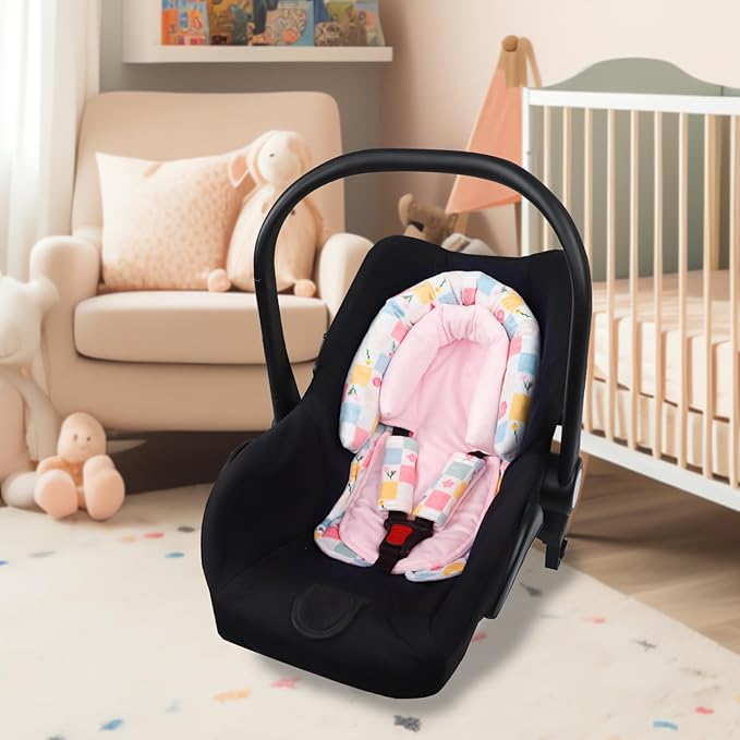 SWESEN Baby Car Seat Head Support, Super Soft 2 in 1 Infant Car Seat Insert, Reversible Newborn Car Seat Insert Cushion with Strap Covers for Strollers, Bouncers, Swing, Floral