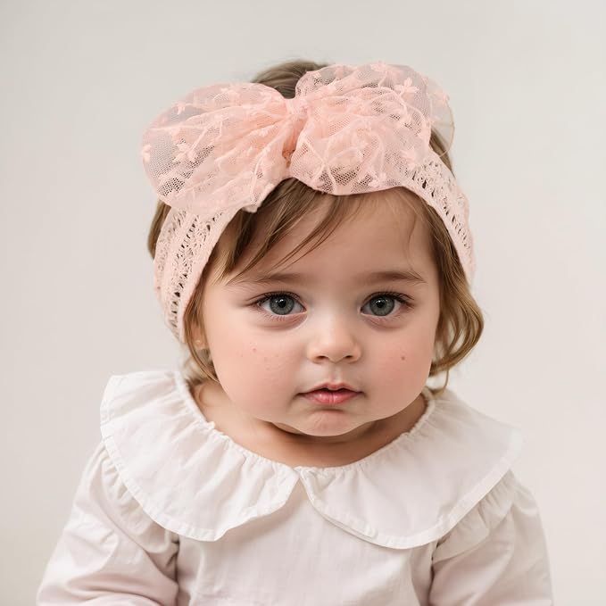 Lace White Bow-knot Baby Girls Headband Birthday Shower Infant Wrap Elastic Flower Baby Turban Hairband for Newborn Infant Toddler Kids (Pink B, Elastic)